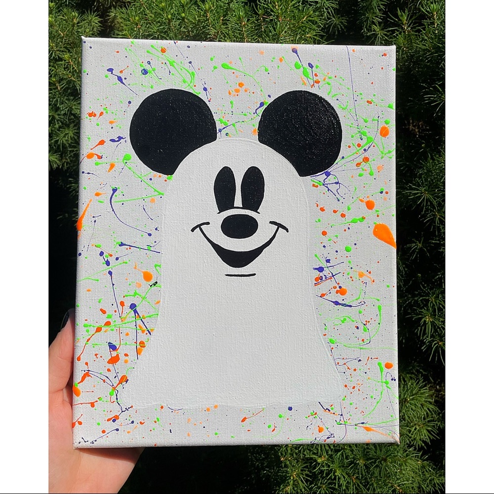 Ghost Mickey Mouse | Splatter Paint Canvas | Hand Painted | Halloween Wall Art